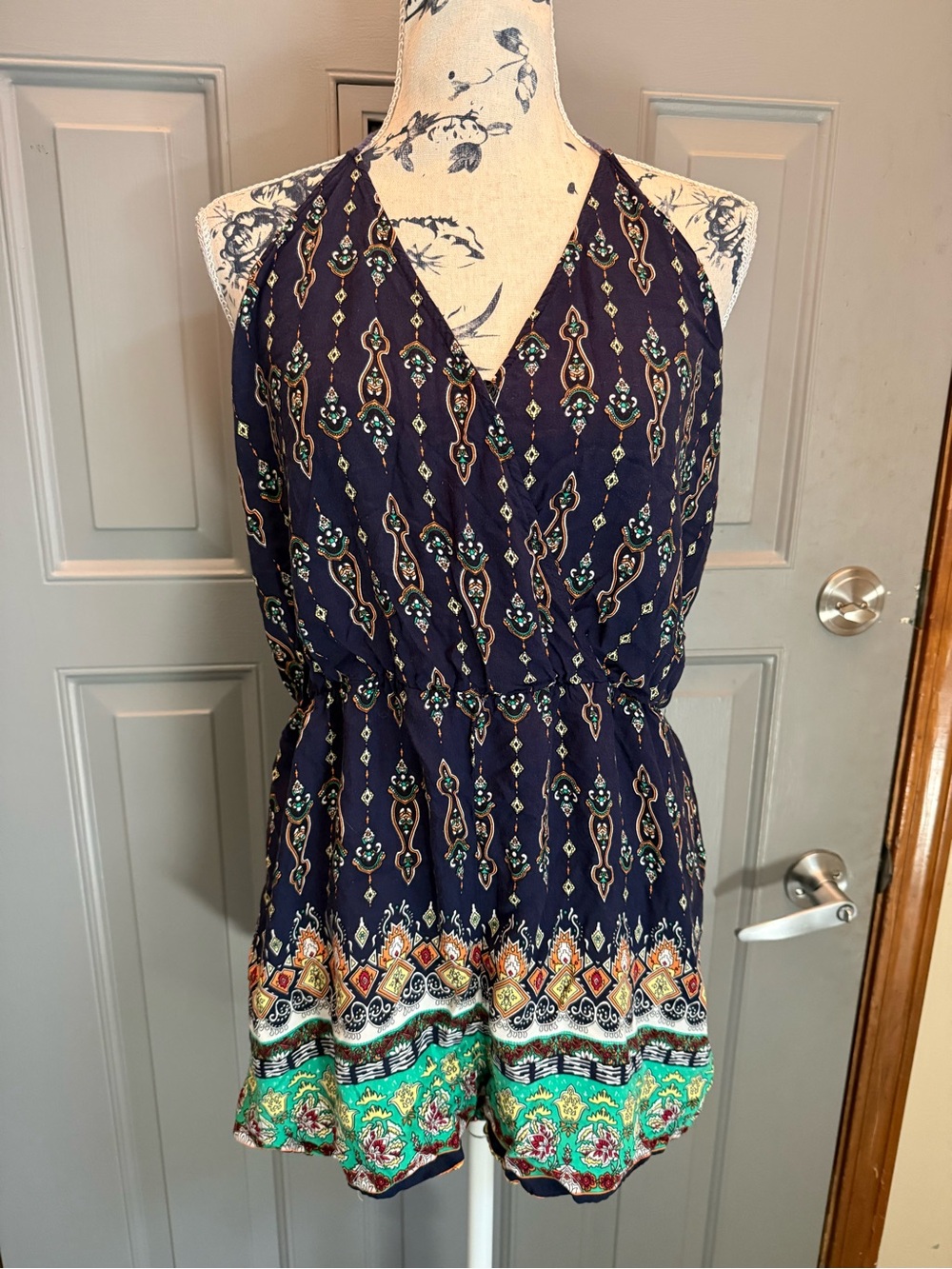 SHEIN Navy Blue Printed Halter Romper with Green Border